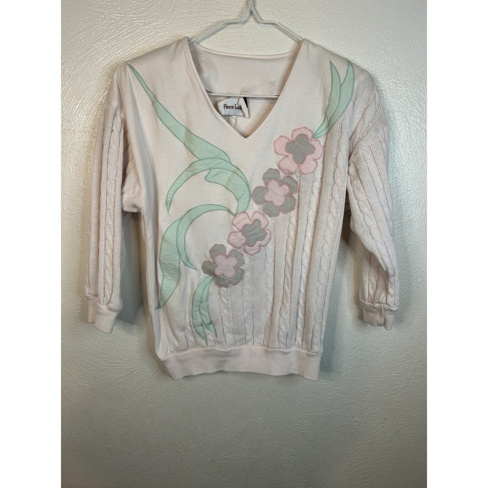 Vtg 80s Pierre Lamonte Pastel Floral Appliqué Sweater Cable Knit Pink/Mint M/L